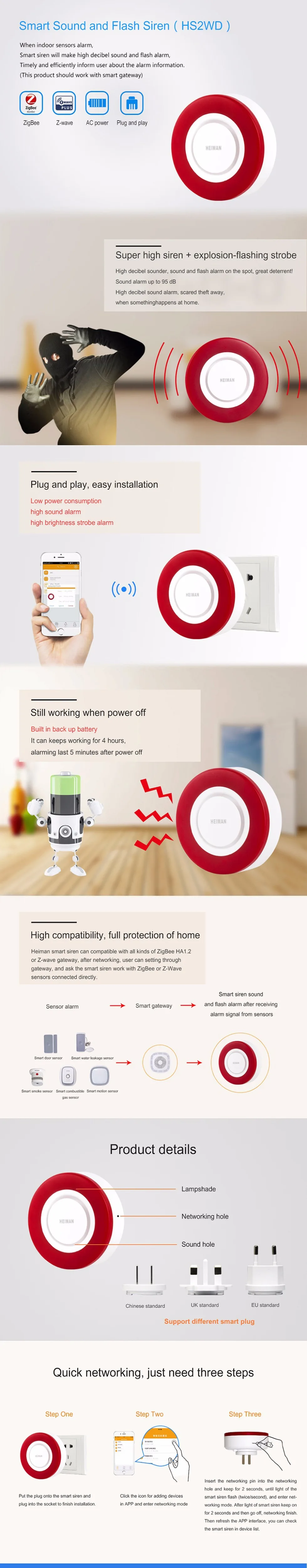 Совместимость с домашним ассистентом, Deconz, Conbee Беспроводная сигнализация zigbee сирена 95 дБ Красный флэш-светильник zigbee