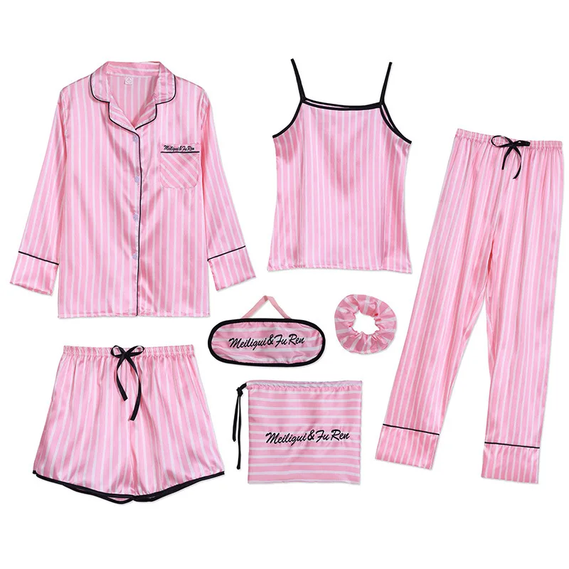 Strap Sleepwear Pyjamas Women's 7 Pieces Pink Pajamas Sets Satin Silk Lingerie Homewear Sleepwear Pyjamas Set Pijamas For Woman