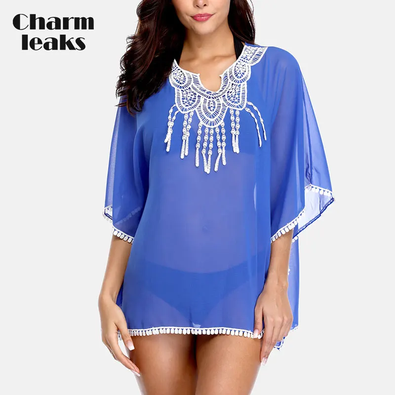 9077BLU Charmleaks, женский пляжный накидка, кафтан, бикини, шифон, кисточка, накидка, прозрачный купальник, женский купальник, сексуальный купальник - Цвет: 9077BLU