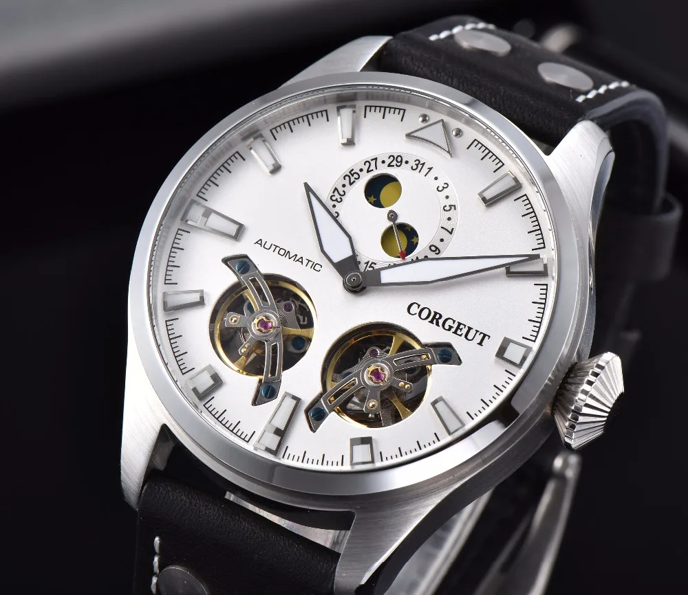 Corgeut 47 мм Чехол Мужские часы Скелет автоматические часы PVD запас хода Tourbillon Мужские механические часы мужские часы подарок