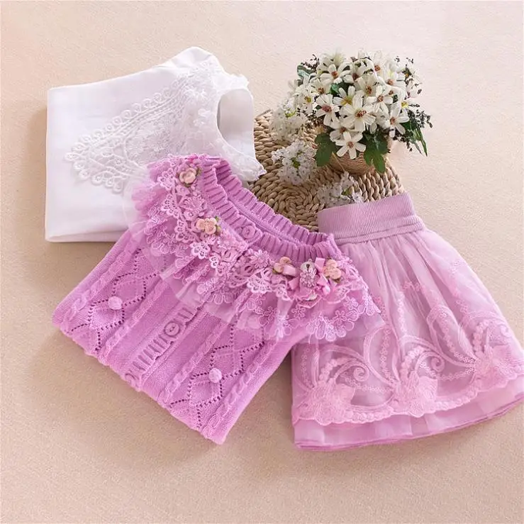 European and American autumn new 2019 Parent-child outfit Knitted sweater + embroidered T-shirt skirts Girl's three-piece | Мать и