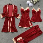 Пикантная Женская одежда для сна, халат с брюками, бархатная Пижама, кружевные комплекты из 4 предметов, женская ночная рубашка, халат, домашняя одежда