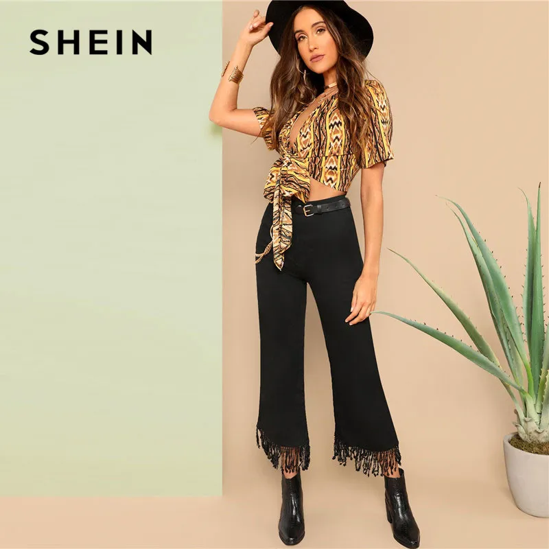 SHEIN Однотонные Расклешенные Брюки С Бахромой 2019 Женские Повседневные Винтажные