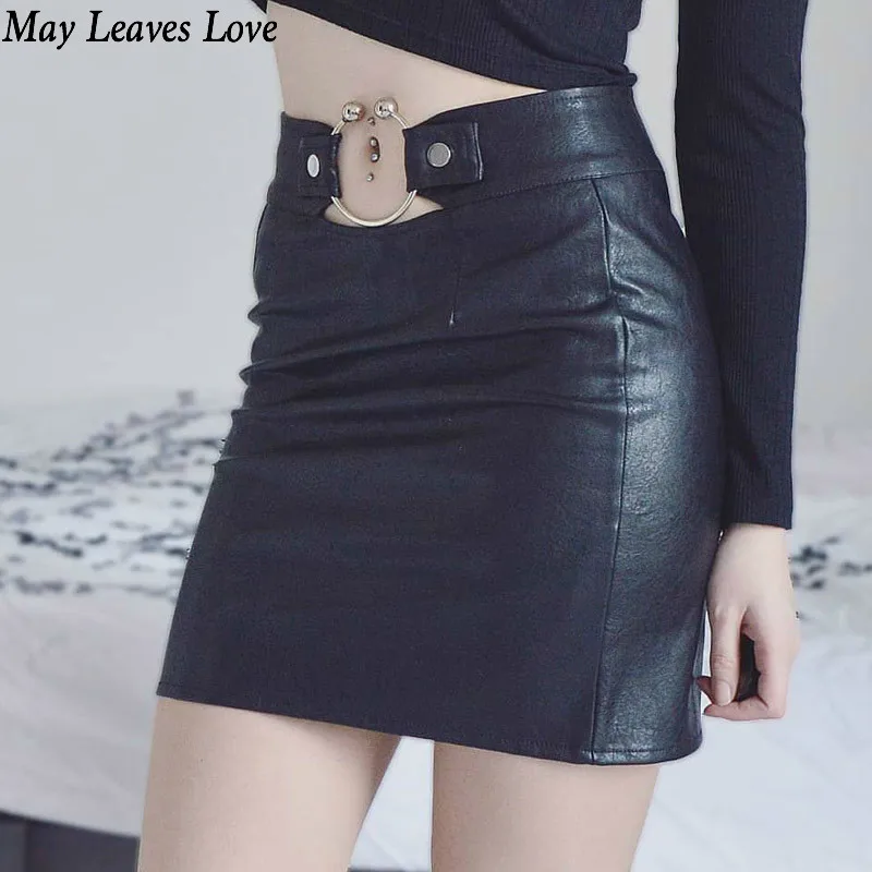 Женские кожаные мини юбки с дырочками May Leaves Love черная короткая уличная юбка