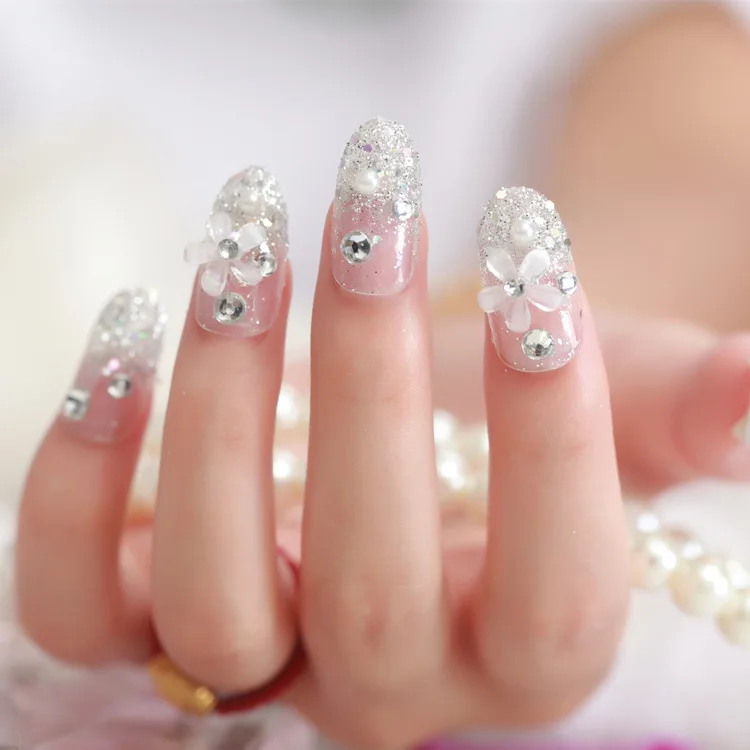 24 шт. накладные ногти с градиентом открытые модным жемчугом клеем короткая