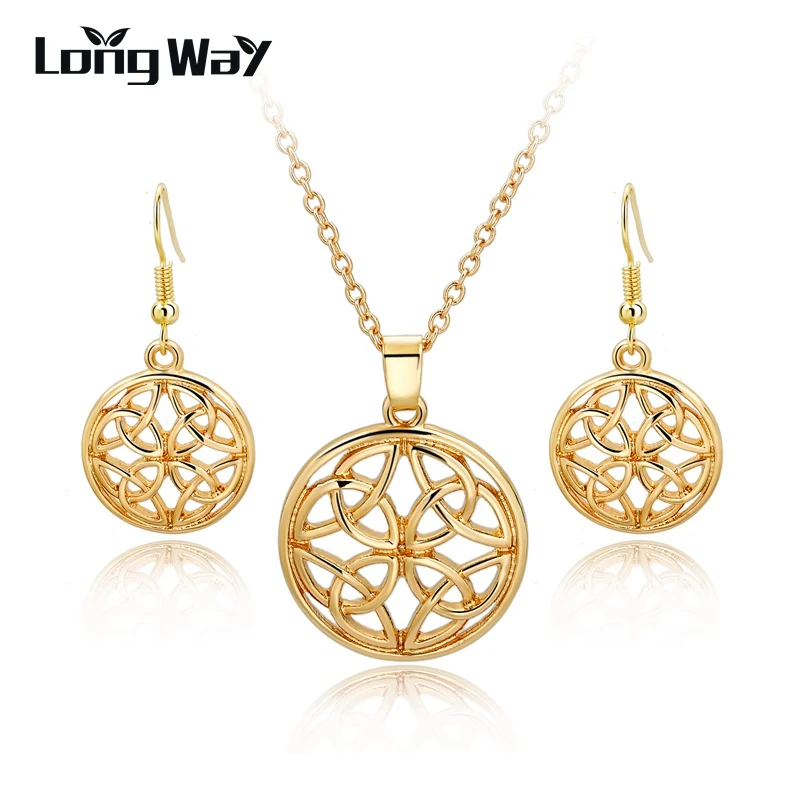 

LongWay Luxury Gold Color Drop Eearrings Necklaces Hol Round Jewelry Sets for Women Wedding Anniversary Top Quality SET160004103