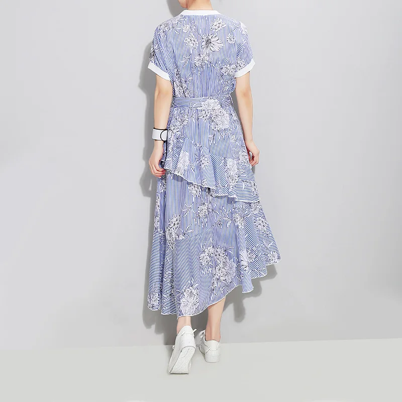 Женское платье-туника в синюю полоску с ремнем летнее платье коротким рукавом и
