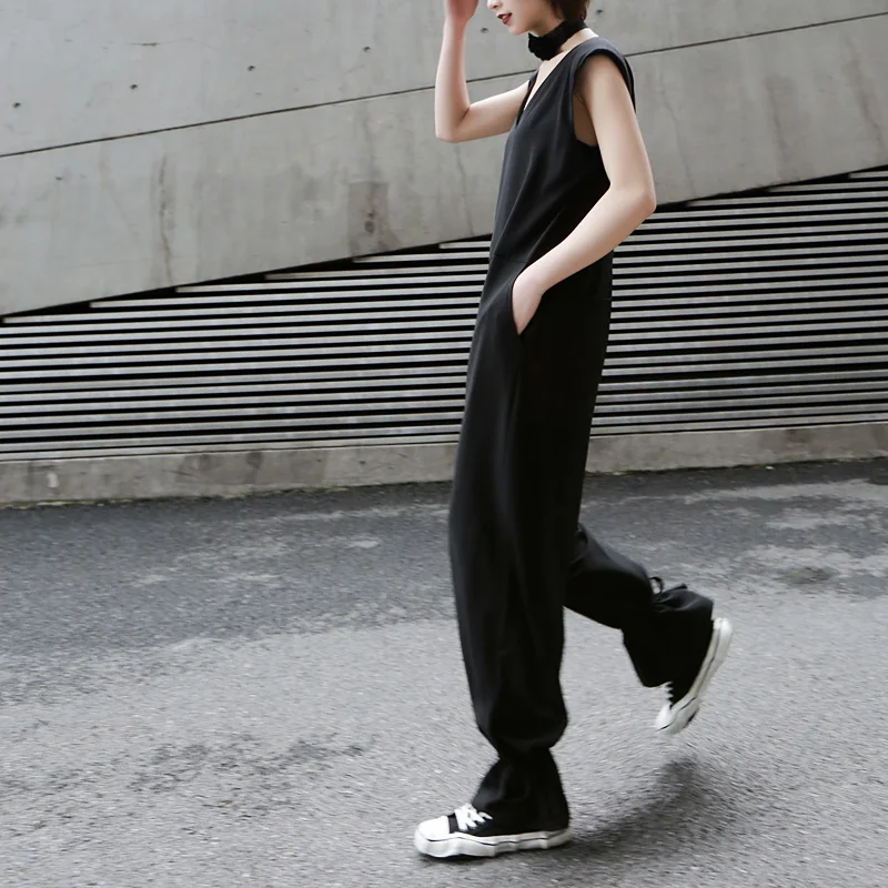 New 2019 Korean Style Women Solid Black Romper Jumpsuit Full Length V Neck Sleeveless Female Casual Overalls Pants 9000 | Женская одежда