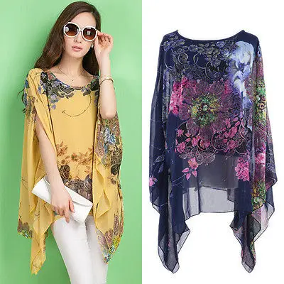

Blusas Feminino 2016 New Summer Casual Fashion Floral Women Ladies Sexy Batwing Sleeve Loose Chiffon Floral Printed Blouse Tops