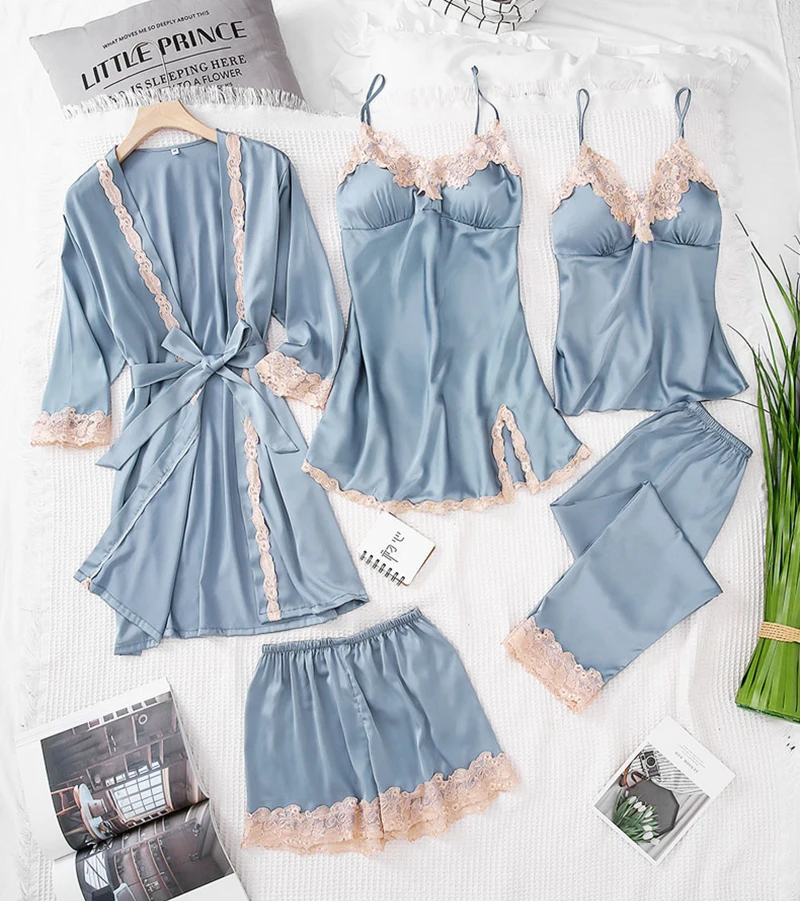SILKBEUTY пижамы женские пять комплект летний жилет+ халат ночная рубашка брюки шорты для женщин лед Шелковая пижама