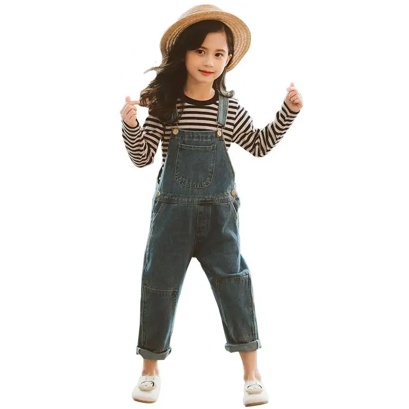 2PCS Clothing Sets Осенняя полосатая футболка с длинным рукавом для девочек+ джинсовый комбинезон комплект одежды для девочек комплекты детской одежды детская модная весенняя одежда - Цвет: 2PCS Clothing Sets