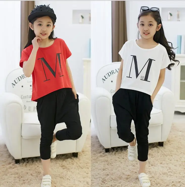 Летние Детские костюмы для девочек-подростков комплект одежды костюм футболка +