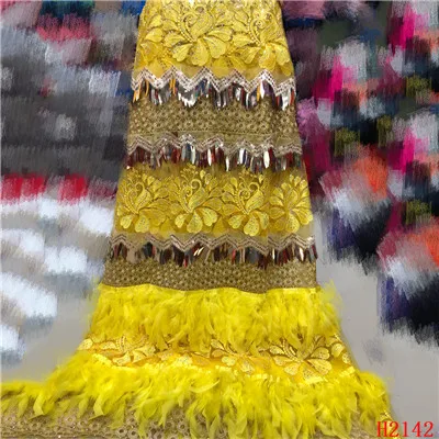 as picture Африканская ткань тюль с блестками Золотое кружево нигерийская кружевная ткань Плюм вышитая африканская шифоновая кружевная ткань с перьями HJ2142-1 - Цвет: as picture