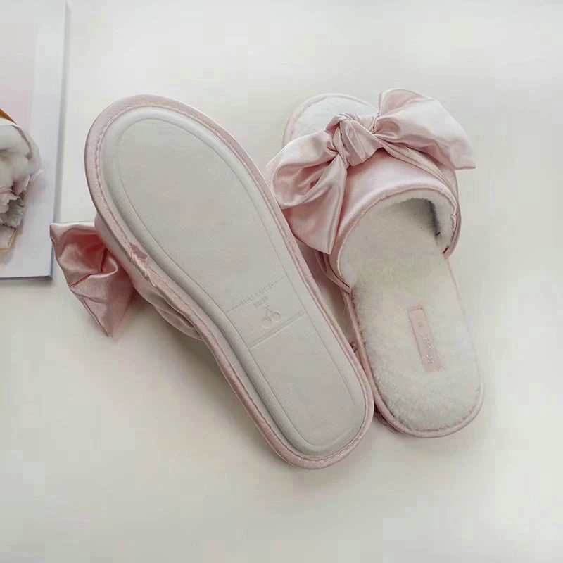 

Lovely Silk Big Butterfly-knot Home Slippers for Women Girls Spring/Autumn Female Solid Pink/Navy Blue Indoor House Slipper