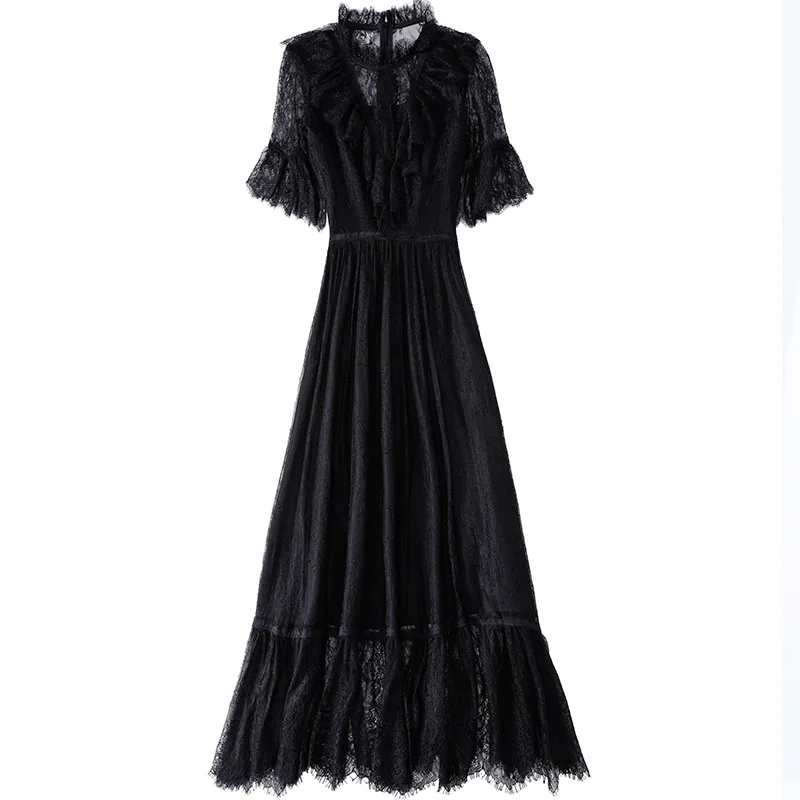 

Elegant Lace Dress New 2019 Summer Fashion Style Women Ruffled Collar Black White Cotton Lace Floral Patterns Mid-Calf Dress