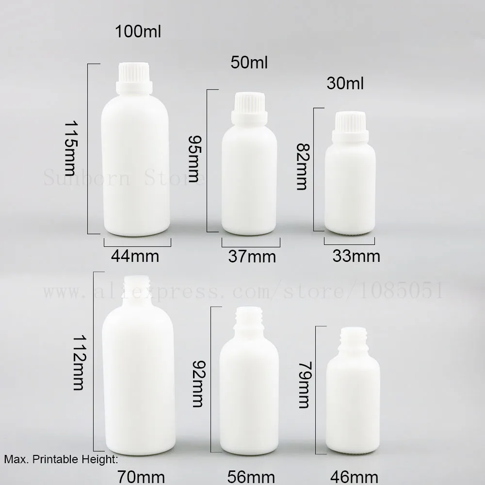 

20pcs New arrival empty glass bottle 1oz 30ml 50ml 100ml White Glass Essential Oil e liquid Bottle With white black Cap