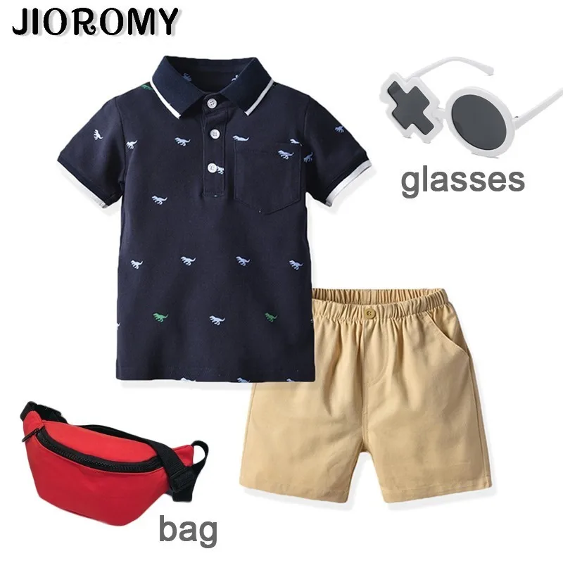 JIOROMY/ г. комплект одежды для мальчиков рубашка поло с короткими рукавами и шорты Комплект детской одежды из 2 предметов джентльменская Повседневная сумка с очками
