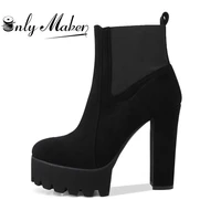 onlymaker women round toe platform ankle booties thick high heel plus size black ladies boots