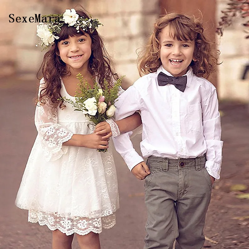 Кружевное платье цвета слоновой кости для девочек до колена с длинными рукавами