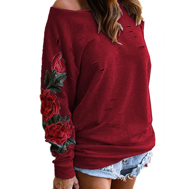 Осень Для женщин Элегантный цветочный Вышивка Толстовки Long Sleeve Drop Shoulder пикантные