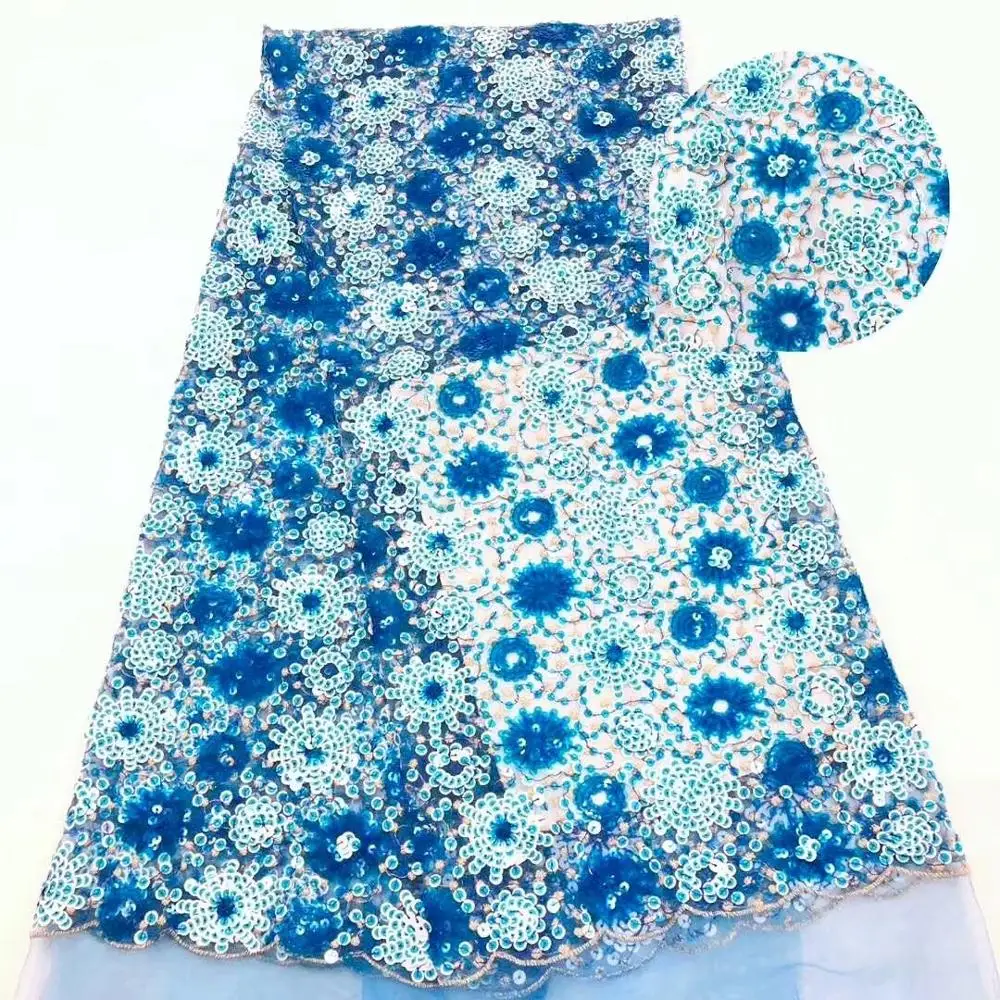 

New Design French Lace Fabric High Quality Royalblue Wedding African Lace Fabric With Sequins 3d Lace Fabric For Nigerian Lace