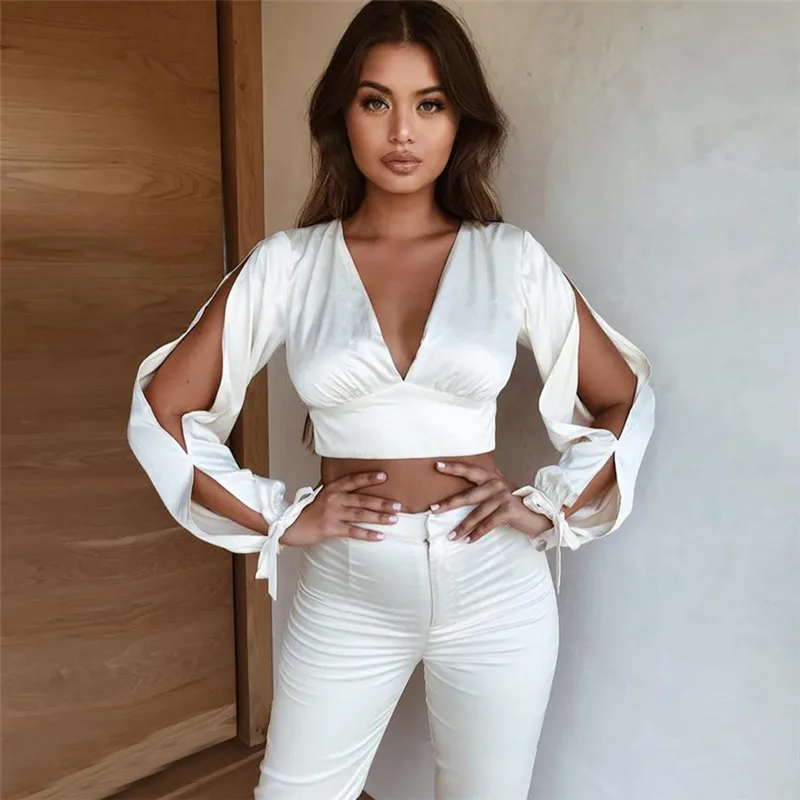 Элегантные атласные блузка с v образным вырезом Для женщин длинный рукав тонкий