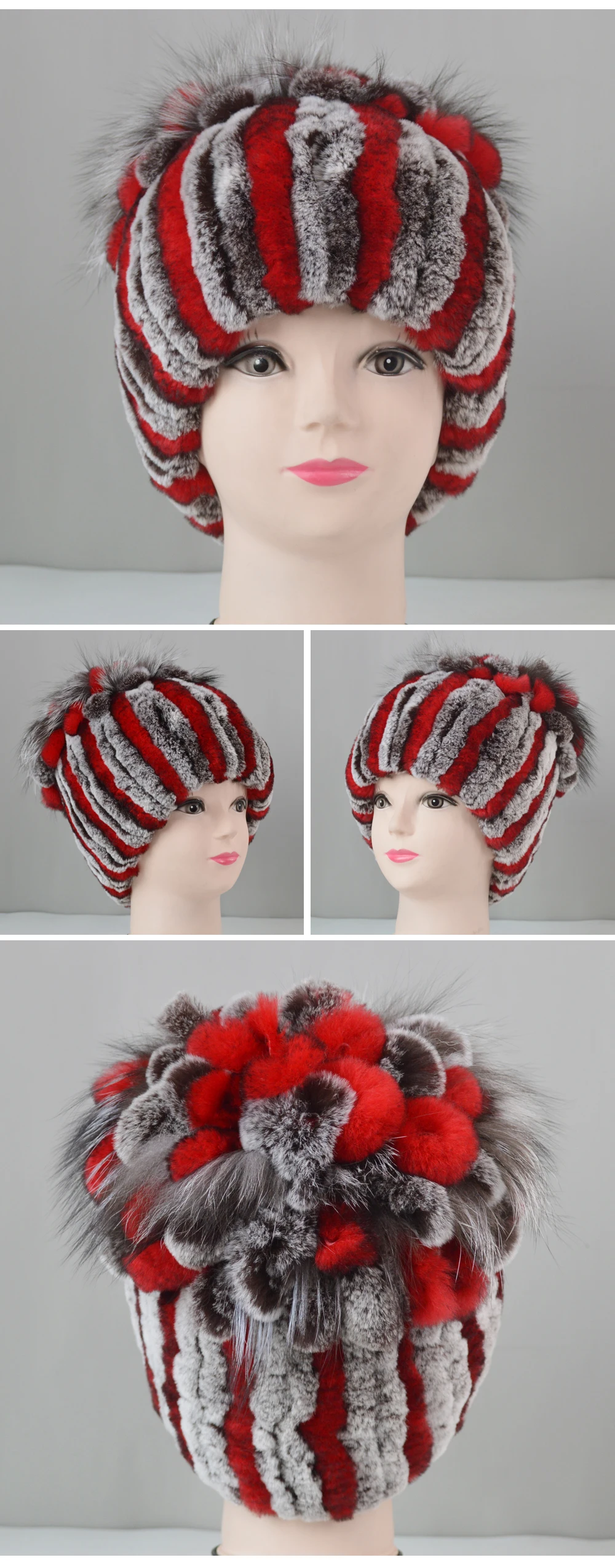 Натуральный настоящий мех кролика шапки бини шапки Шапки Для женщин зимние теплые ручной работы вязаные шапки из меха кролика рекс леди с лисой меховые шапочки шляпа