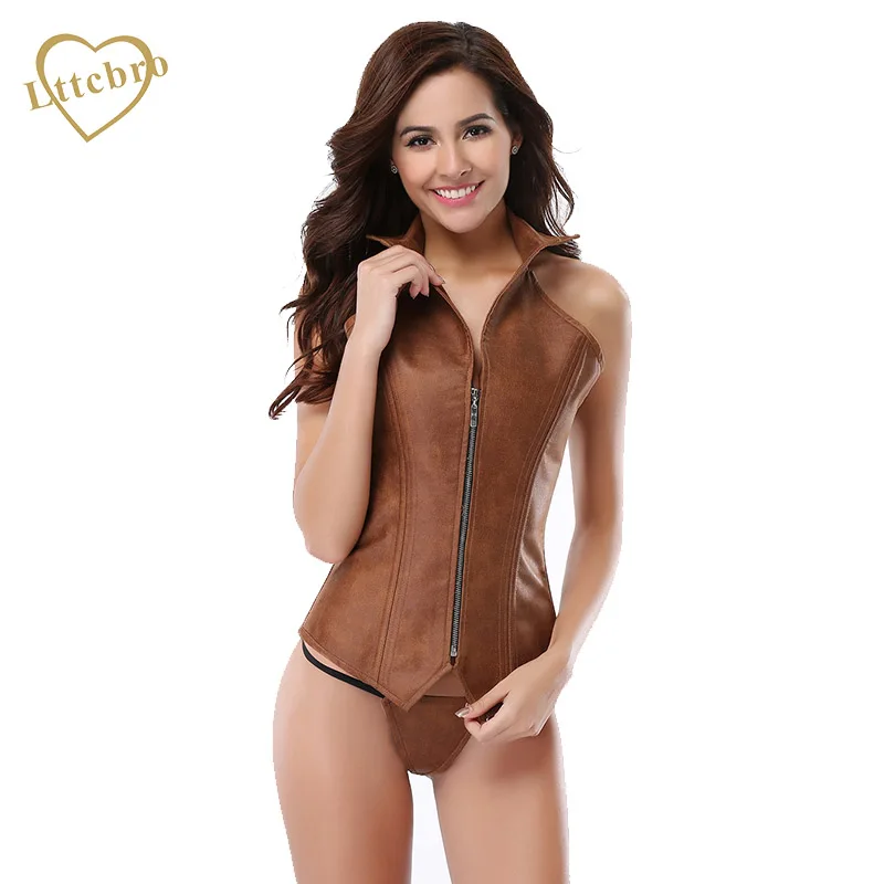 Корсет из искусственной кожи на молнии спереди 16 стальных костей корсет-жилет с
