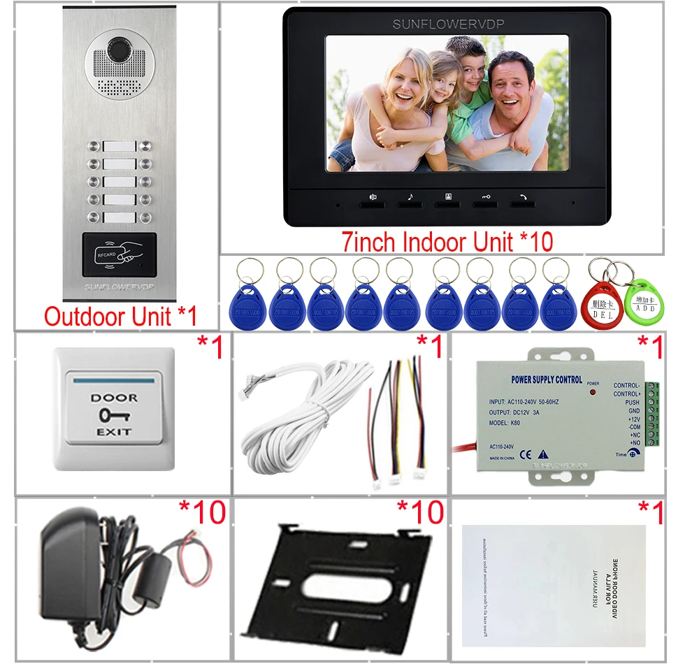 7inchs Color Video Intercom for Apartments Access Control Intercom on 10 Buttons Video Door Entry System for Home Intercom Door