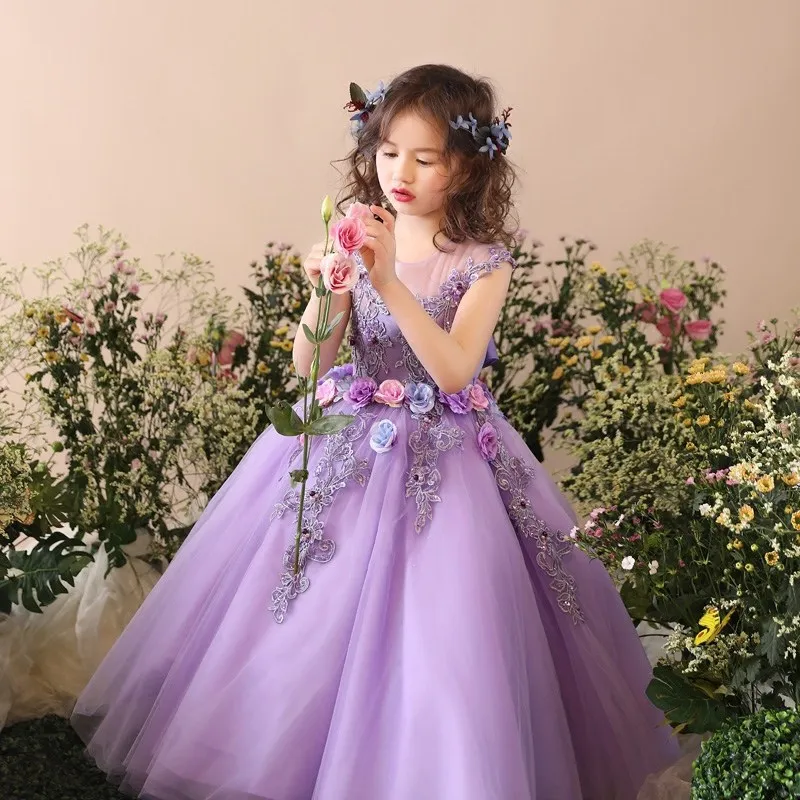 Purple as picture Фиолетовые кружева с пайетками, бальное платье, платья для девочек, держащих букет невесты на свадьбе, с цветочным поясом, платья для первого причастия, Платья для особых случаев - Цвет: Purple as picture
