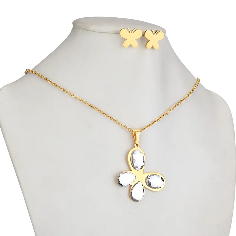 SOITIS Gold Color Stainless Steel 316L Butterfly Earrings Zircon Stone Pendant Necklace Sets 2019 Women Trendy Bridal Jewelry | Украшения и