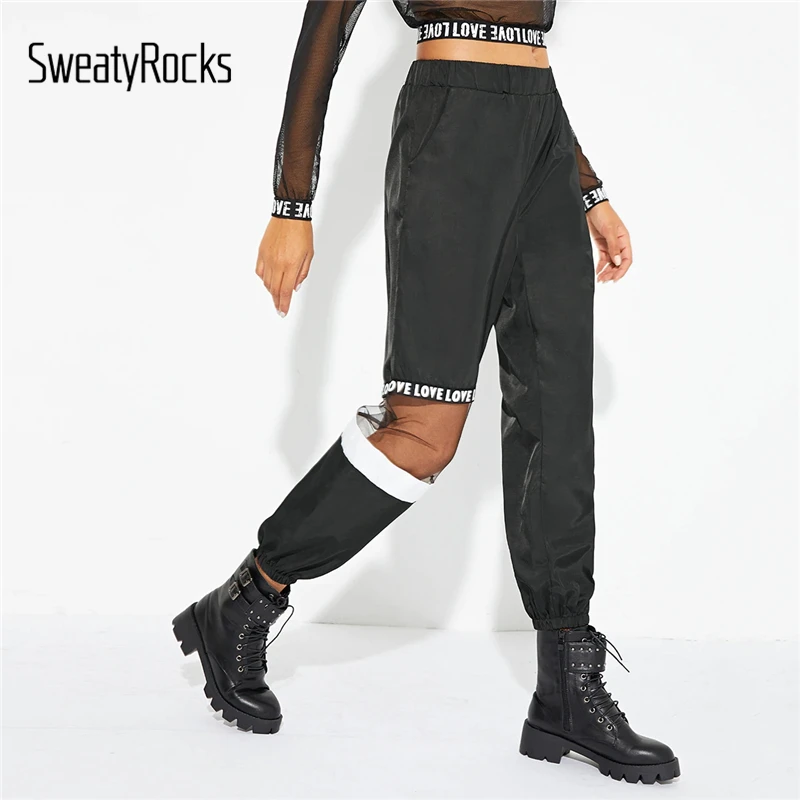 SweatyRocks, сетчатые брюки с контрастным буквенным принтом, уличная одежда, эластичная талия, женские черные спортивные штаны, весна, рок, повседневные длинные штаны