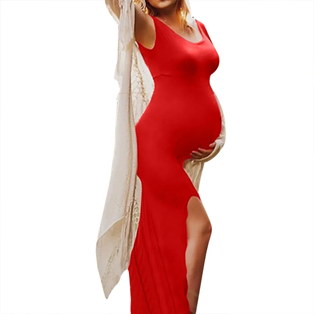 Женские однотонные платья с круглым вырезом без рукавов разрезом длинные для