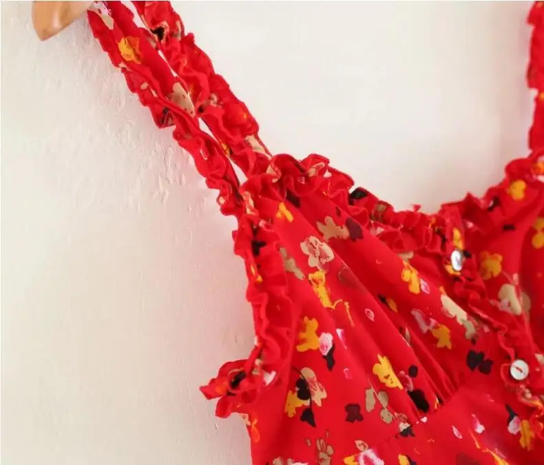Летнее платье 2018 милое для женщин красное с цветочным принтом на петельках