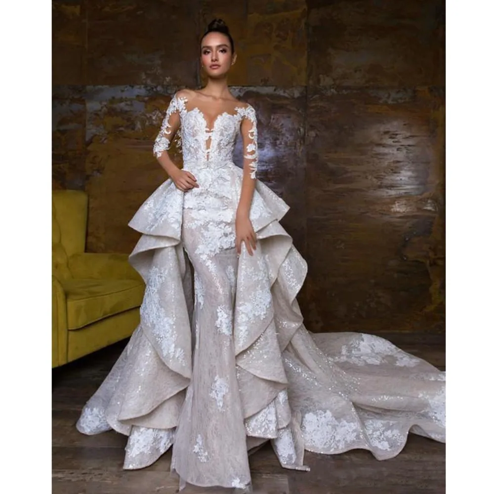 2018 новый дизайн свадебные платья русалки со съемным шлейфом Кружевные