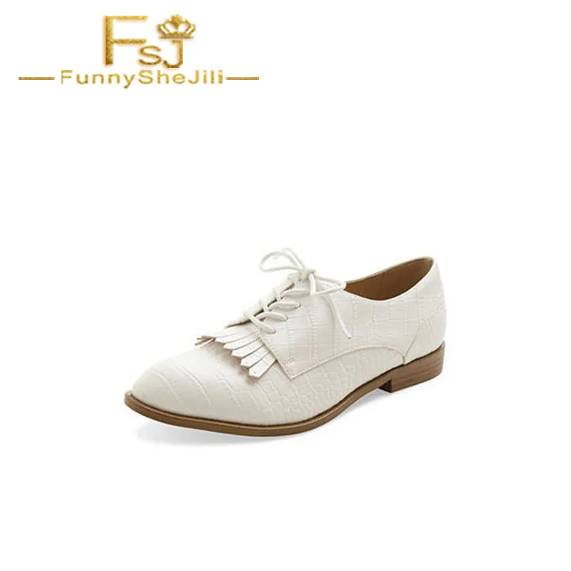 

Ivory School Shoes Lace up Oxfords Comfortable Fringe Vintage Shoes Cross-tied Spring Autumn Women Shoes Day FSJ Sexy Elegant