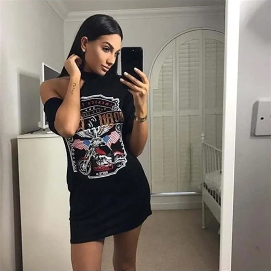 #5505 Born to be wild письмо PrintedWomen Винтаж с открытыми плечами Rock Стиль напечатаны шейный