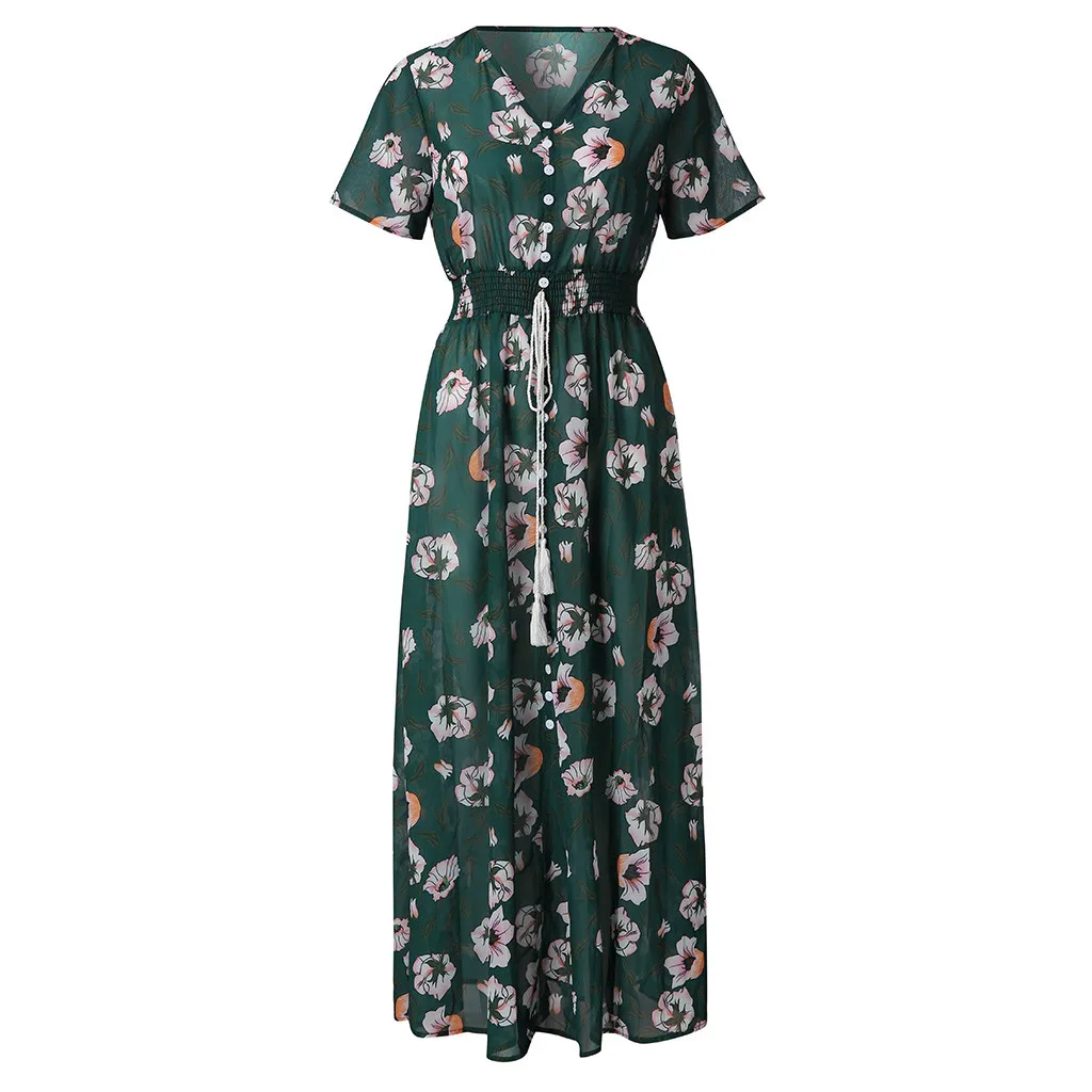 Женское платье-макси с v-образным вырезом и цветочным принтом на пуговицах платье