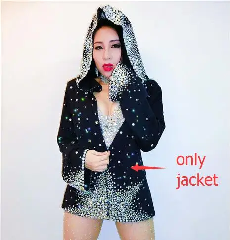 Супер флэш камень Diamond Bodysuit куртка сексуальный купальник кристаллы комбинезон певица ночной клуб бар бальные костюмы джаз Показать - Цвет: Black shorts jacket