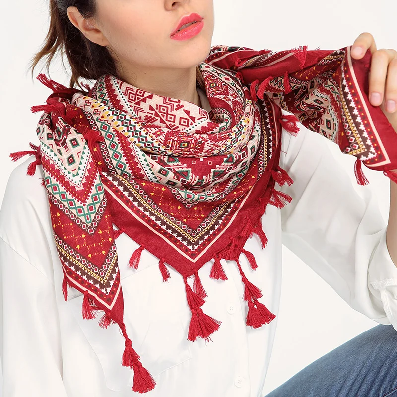 Женский квадратный шарф из хлопка и льна с кисточками модные женские шарфы