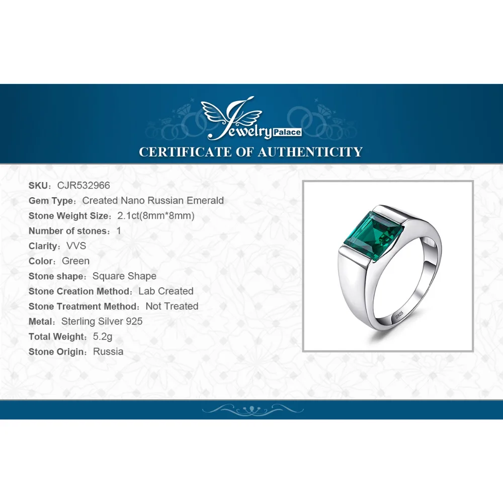 Jewelrypalace Для мужчин площади 2.2ct создания Изумрудный Обручение кольцо 925 Щепка