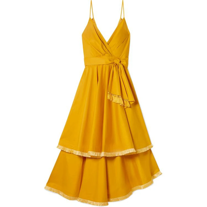 CHICEVER Summer Vintage Patchwork Tassel Dress For Women V Neck Spaghetti Strap High Waist Asymmetrical Ruffles The Dresses New | Женская