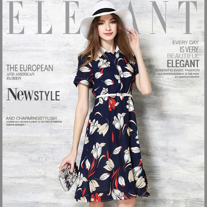 Summer Fashion Bohemian Dresses Women Turn-down Collar Chiffon Floral Print Dress With Belt Temperament Lady A-Line vestidos | Женская