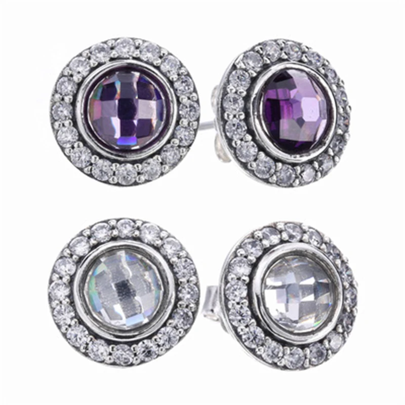 

925 Sterling Silver Double Stud Earrings 2 Color Full Crystal Round Earrings For Women Wedding Jewelry