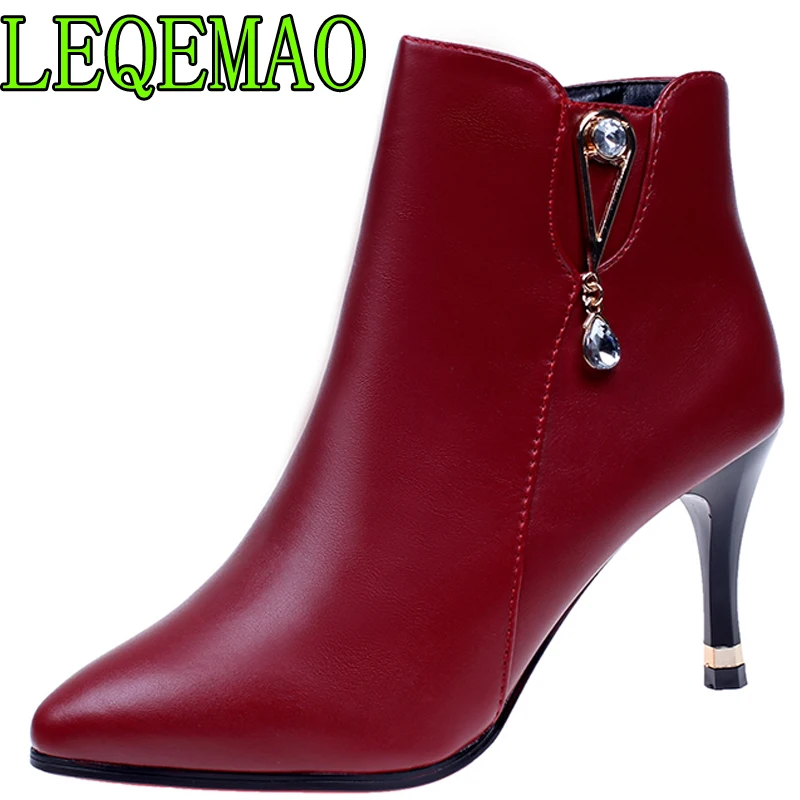 Красные ботинки на высоком каблуке женские модные ботильоны сезон осень-зима