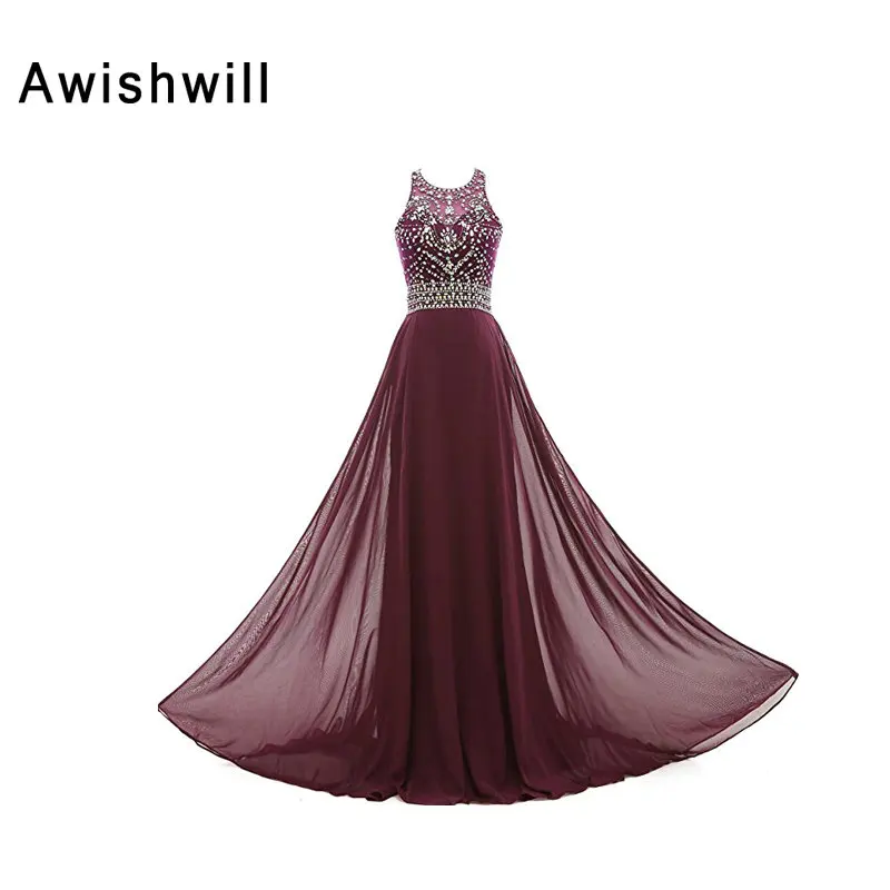 Женское шифоновое вечернее платье Бордовое с открытой спиной и бисером для