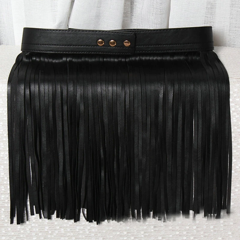 Кожаная юбка с бахромой Черная Женская сексуальная ремешком на талии кисточками