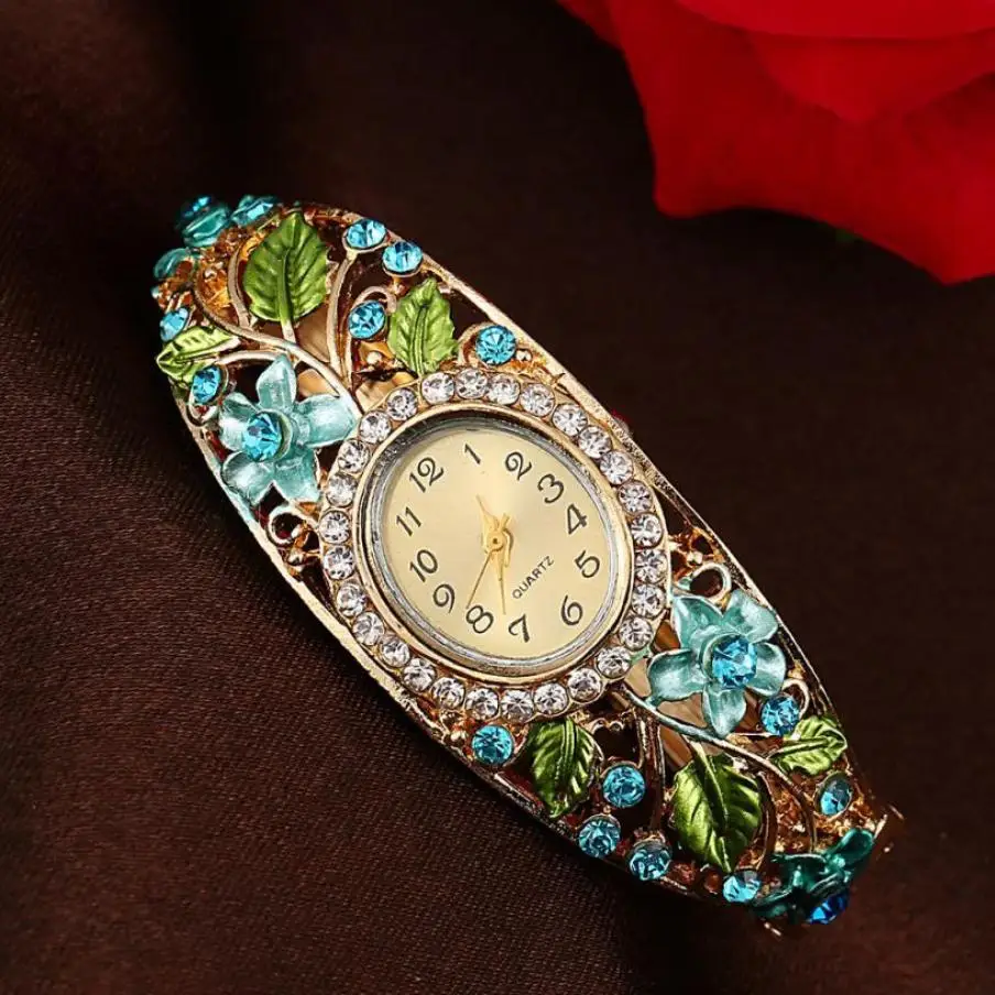 

Timezone #401 Duobla brand Women Bangle Crystal Flower Bracelet Quartz Watch Wristwatch