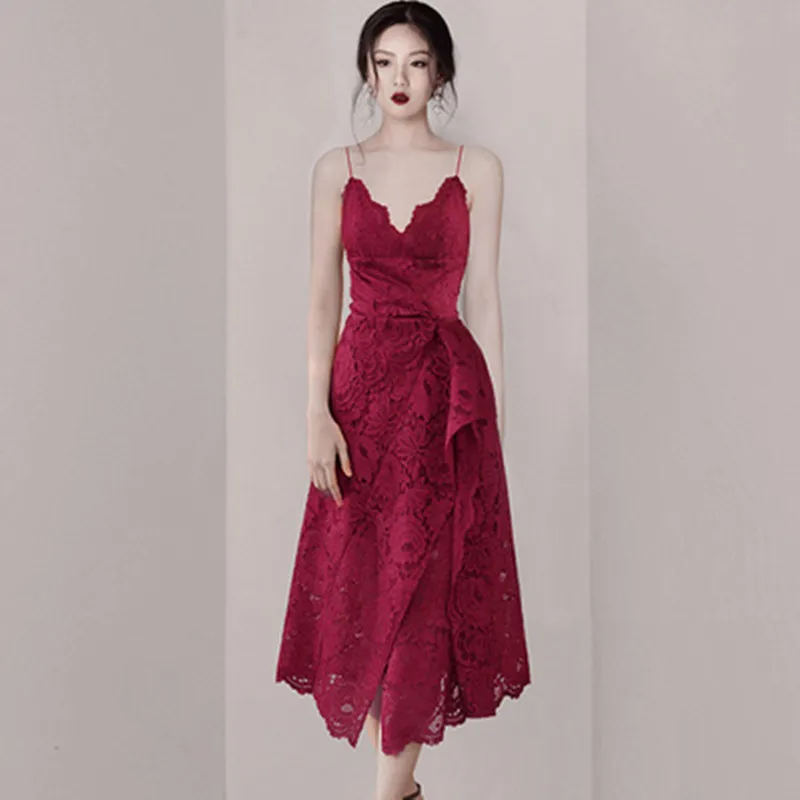 

Vestidos Verano 2019 Mujer Runway Fashion Sexy Spaghetti Strap Long Lace Dress elegant Vintage High Street A-line Dresses