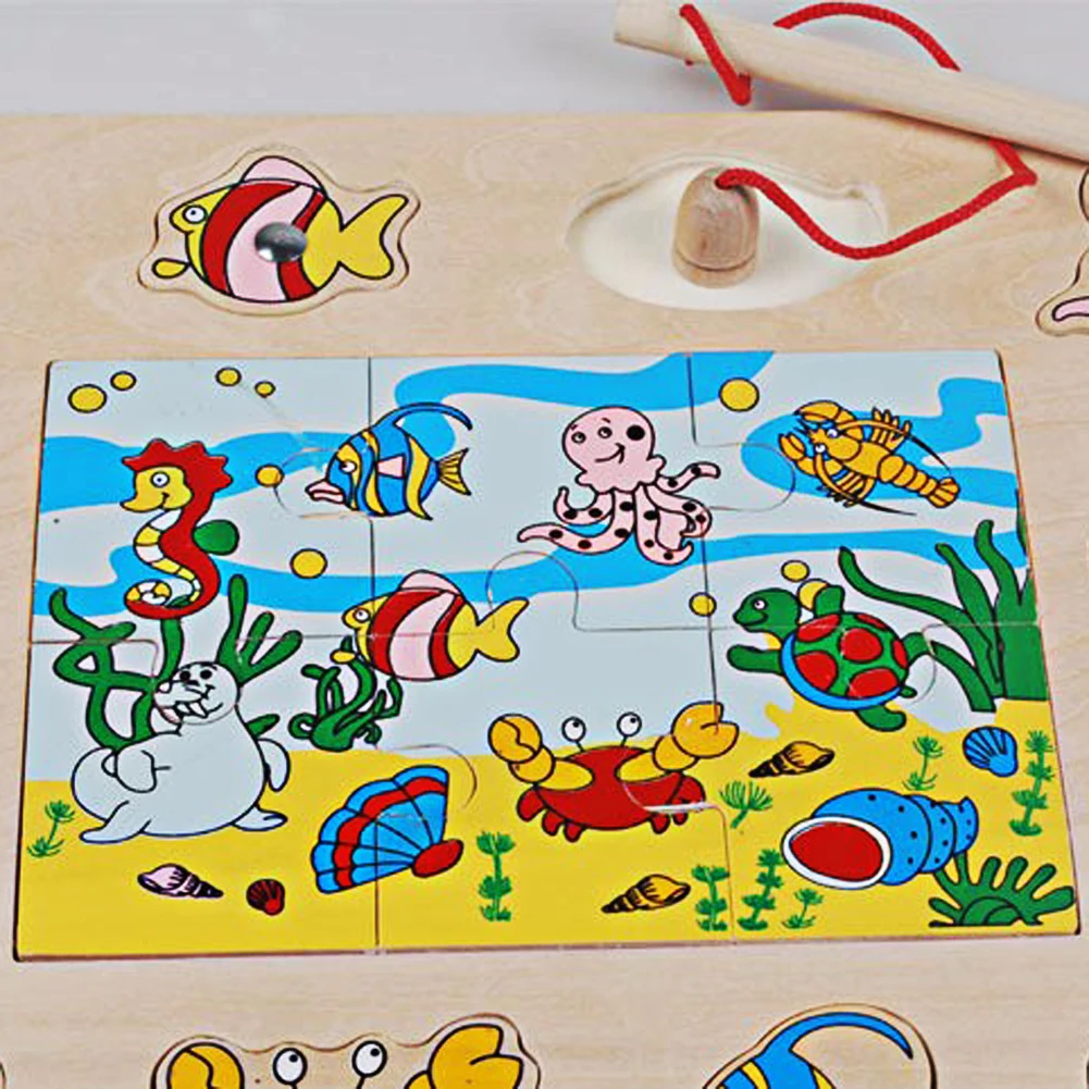 Деревянные магнитные игрушки для рыбалки детские мини в океане крабы рыбки пазлы